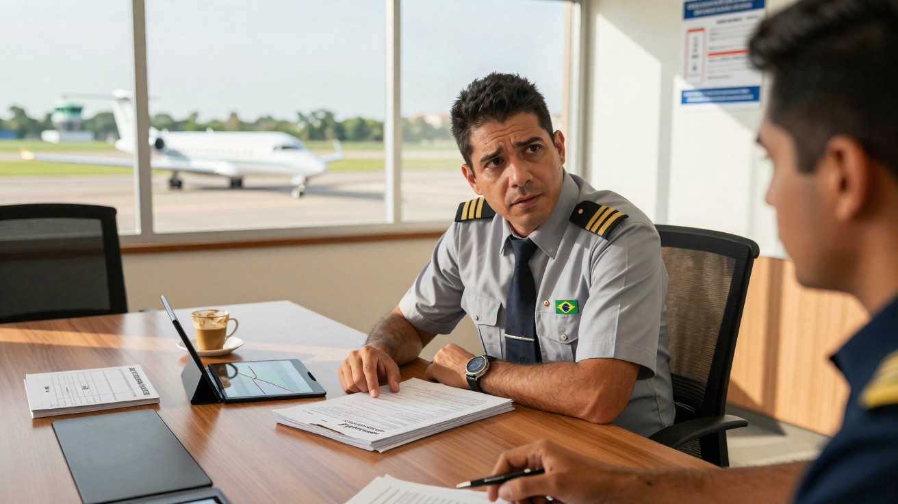 Piloto brasileiro em uniforme cinza discutindo documentos com colega em sala próxima ao avião.