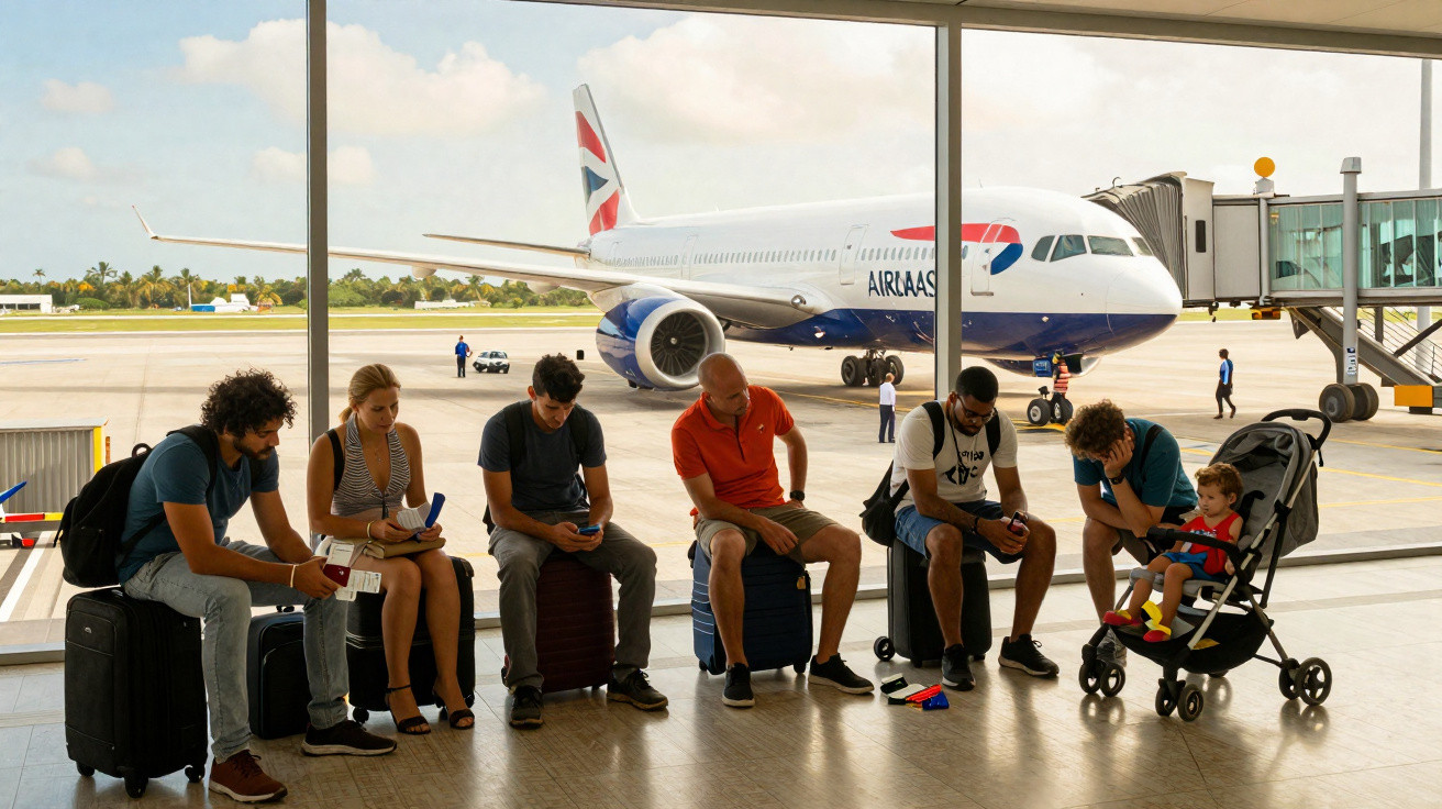 Grupo de pessoas sentadas com malas em aeroporto, avião da British Airways ao fundo.