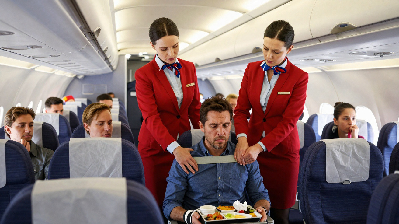 Comissárias de bordo ajudam passageiro a usar cinto de segurança durante voo em avião comercial.