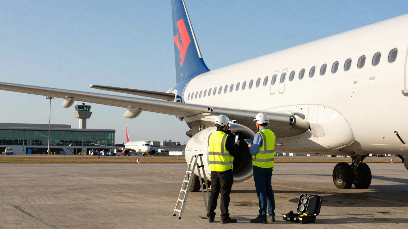 Dois técnicos com coletes refletivos inspecionam motor de avião no pátio do aeroporto durante o dia.