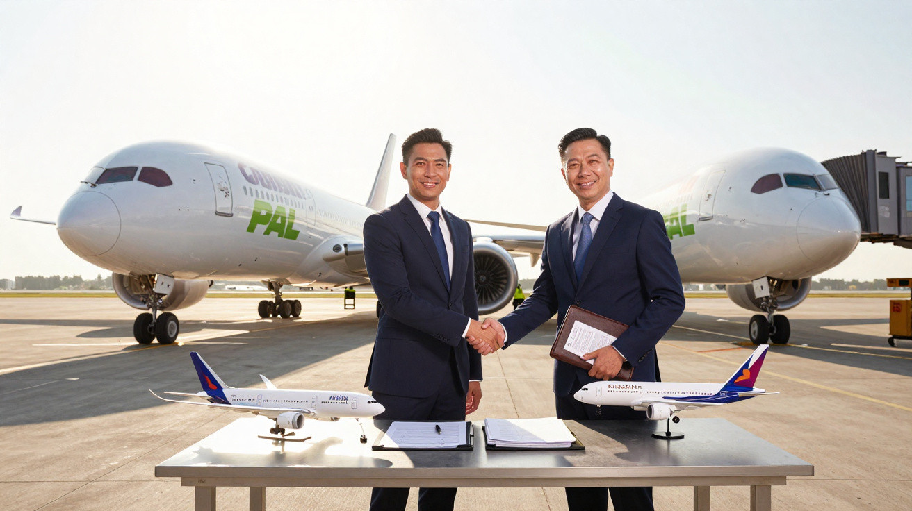 Dois homens de terno apertando as mãos em frente a dois aviões e modelos de avião sobre uma mesa no aeroporto.