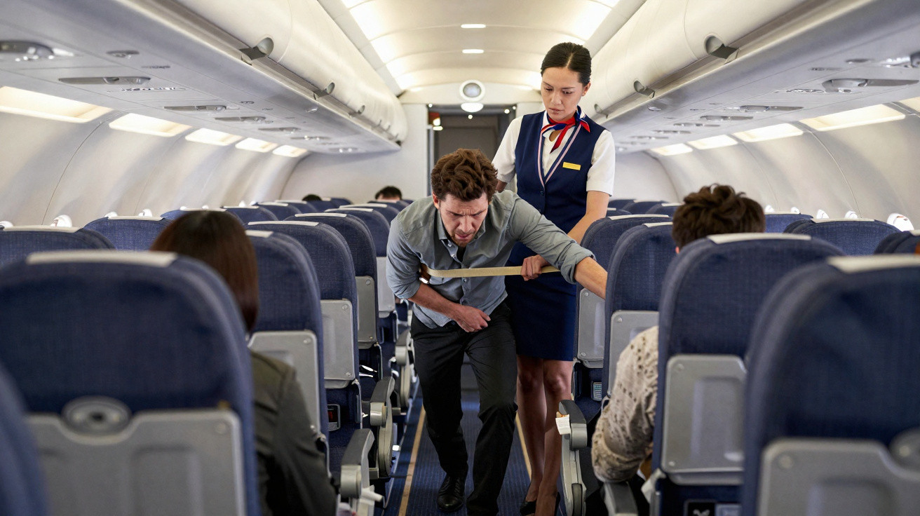 Comissária ajuda passageiro que aparenta estar com dor durante voo em avião cheio.