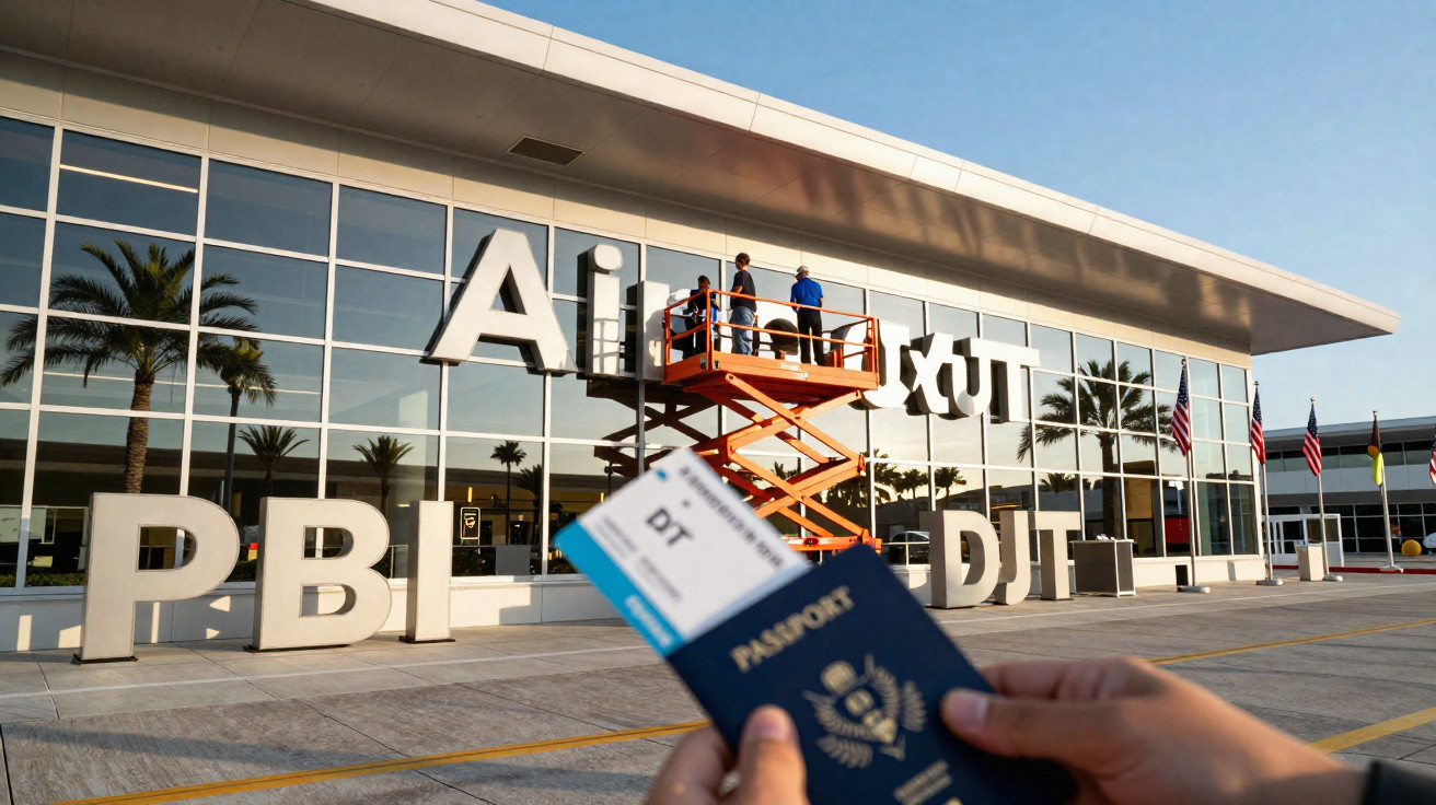 Fachada do Aeroporto Internacional de Palm Beach com pessoas em plataforma elevatória e passaporte em destaque.