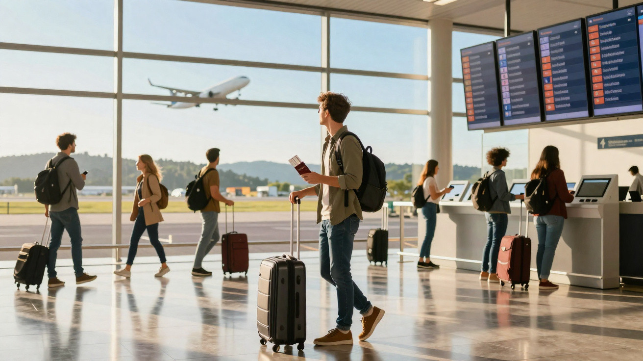 Pessoas com bagagens e passaportes aguardam voo em aeroporto com avião decolando ao fundo.