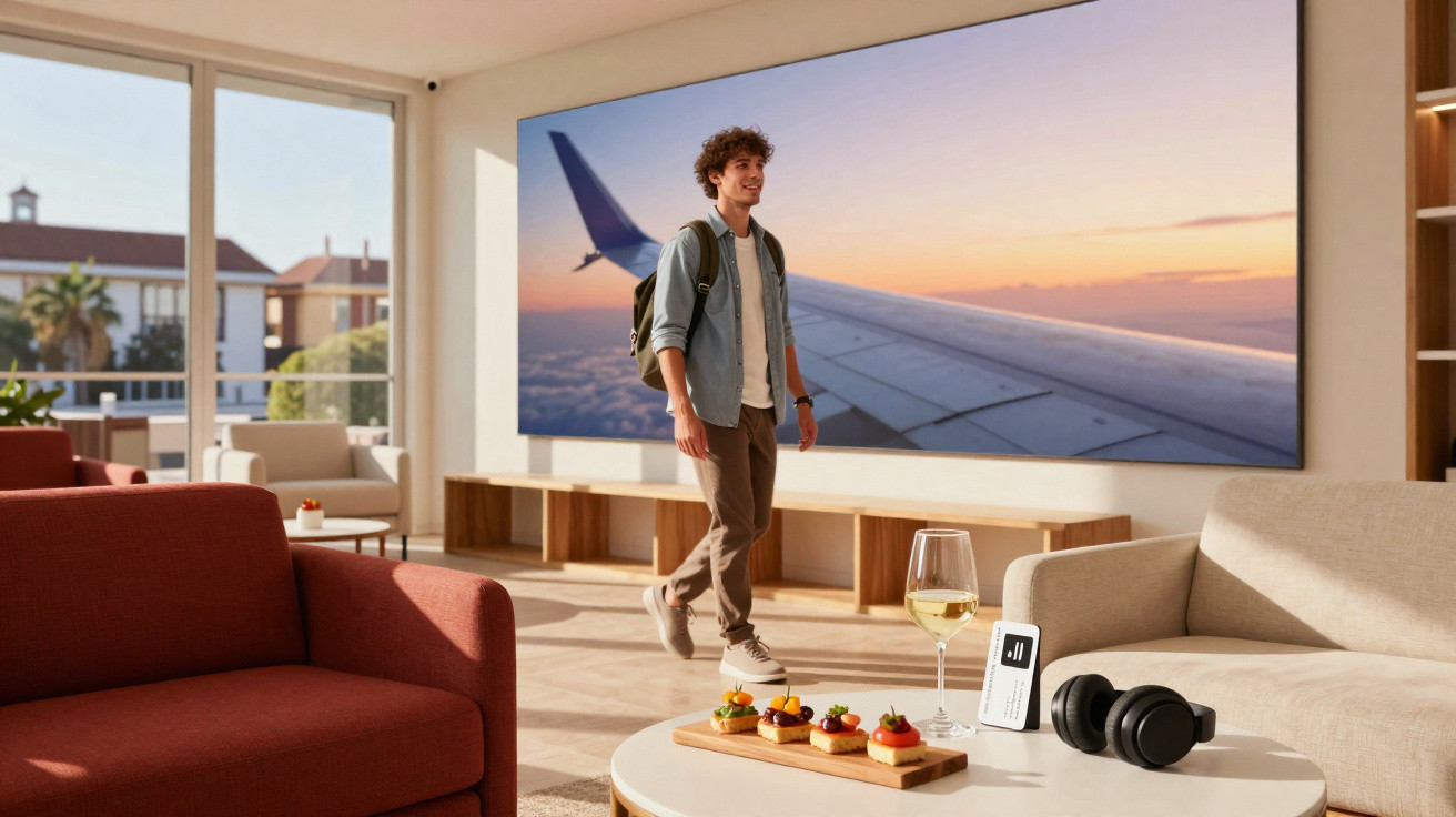 Jovem com mochila em sala moderna com sofá, petiscos, vinho e TV mostrando asa de avião ao pôr do sol.