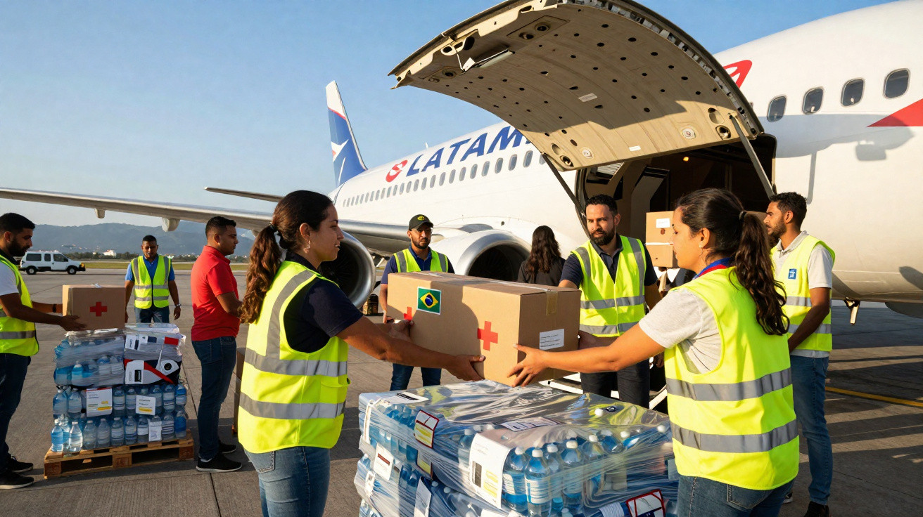 Equipe descarrega caixas de ajuda humanitária de avião da Latam em aeroporto sob céu azul.
