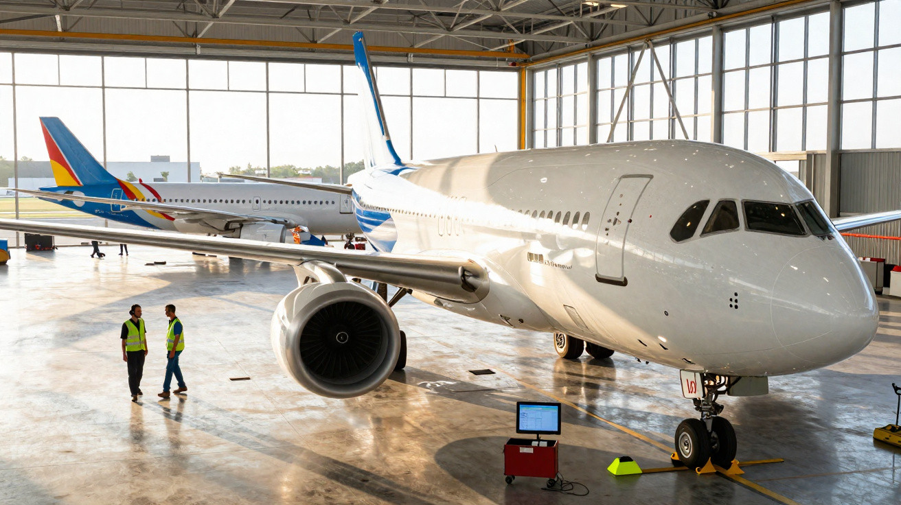 Avião comercial branco em manutenção dentro de hangar com dois técnicos conversando ao lado.
