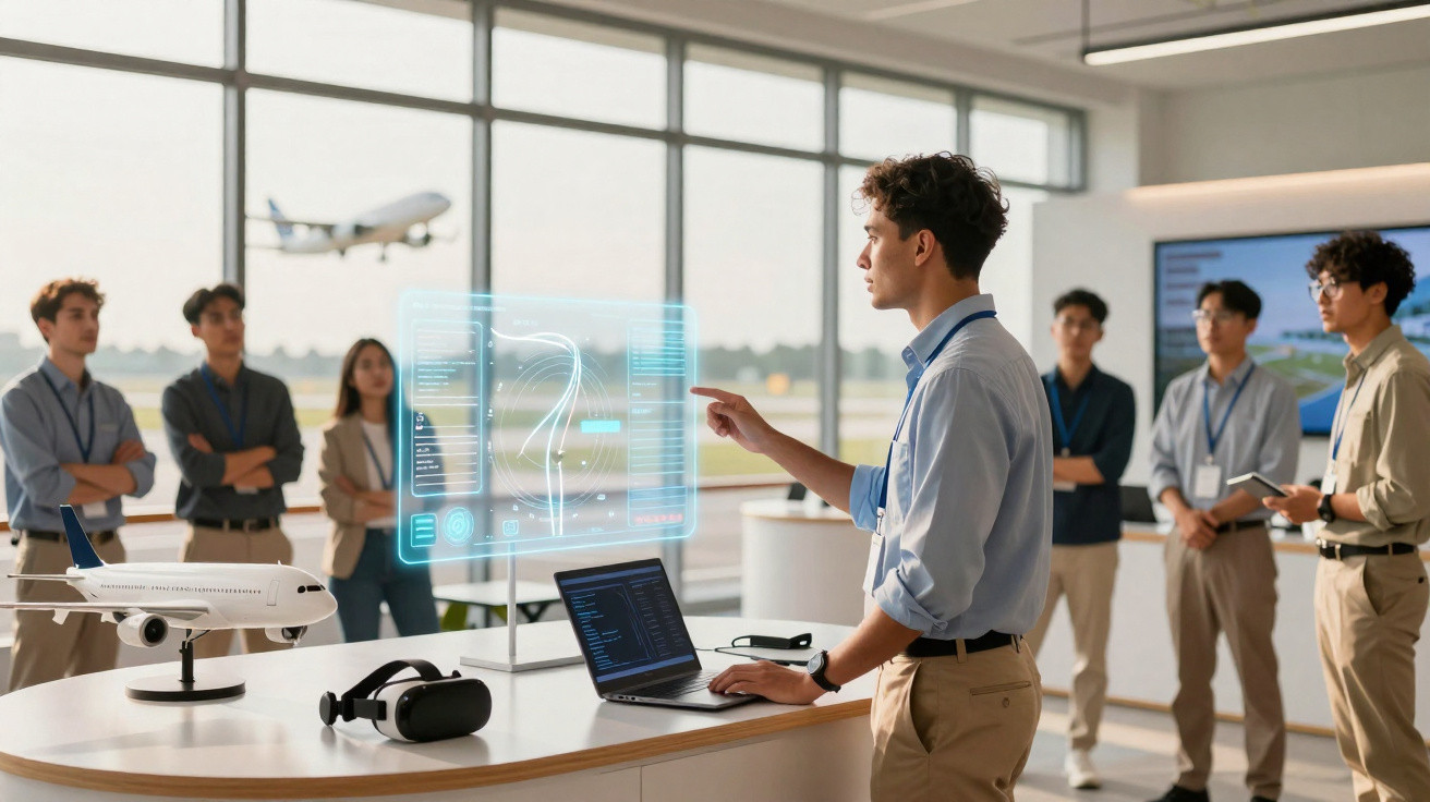 Homem apresenta projeto de aeronave com holograma para grupo em sala de aeroporto moderno.