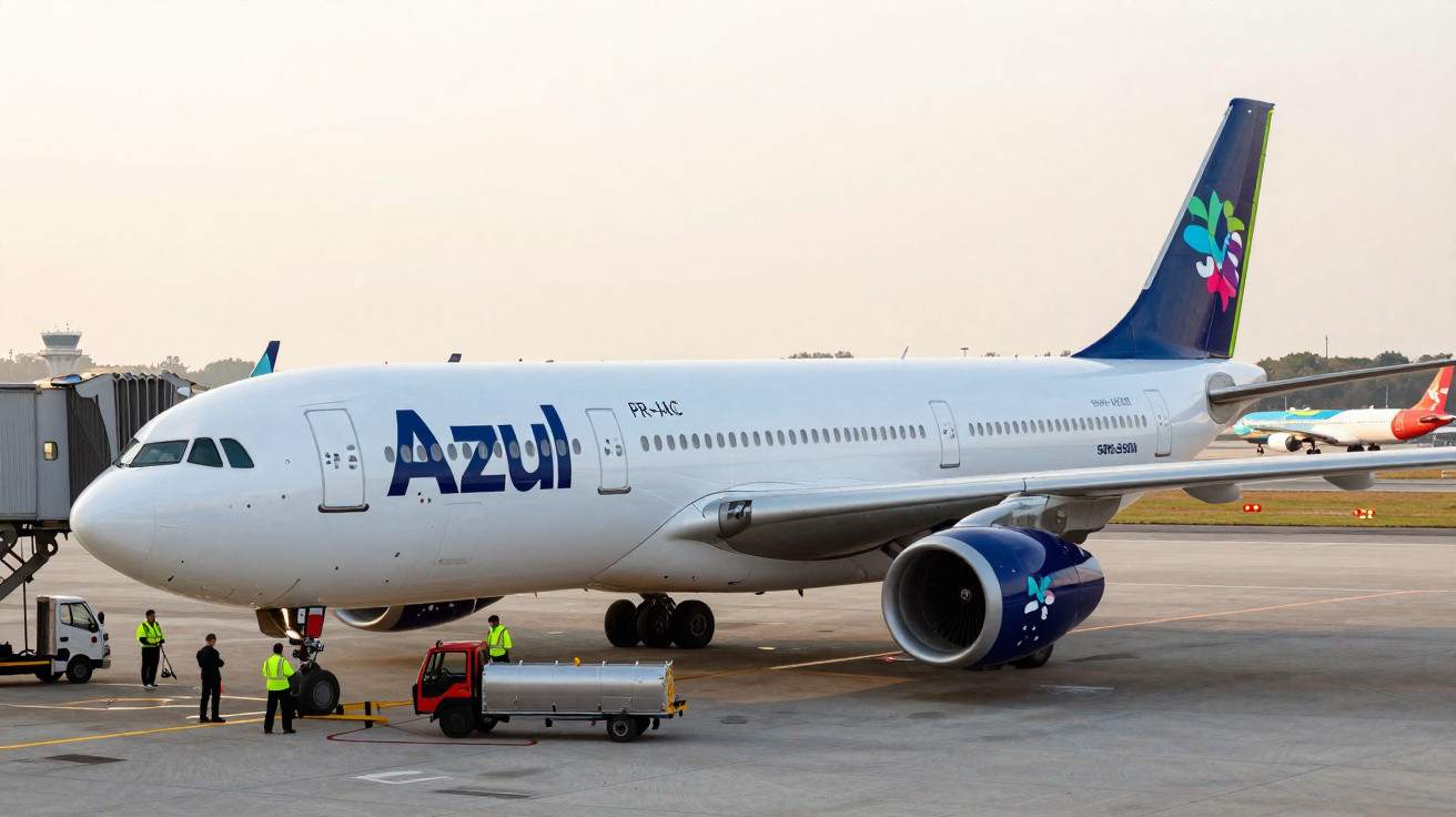 Avião comercial da Azul estacionado no aeroporto com equipe em torno dele durante o dia.