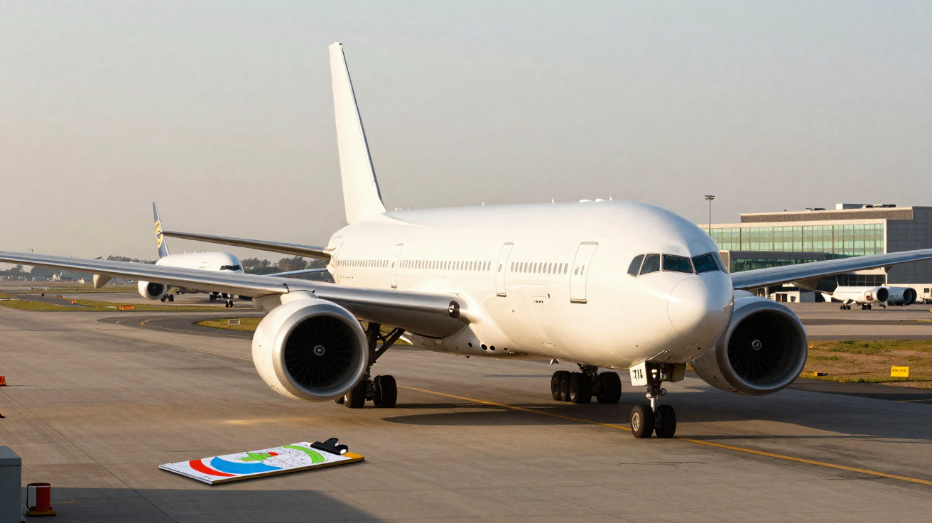 Avião comercial branco taxiando no aeroporto em pista com outro avião ao fundo e terminal de vidro.
