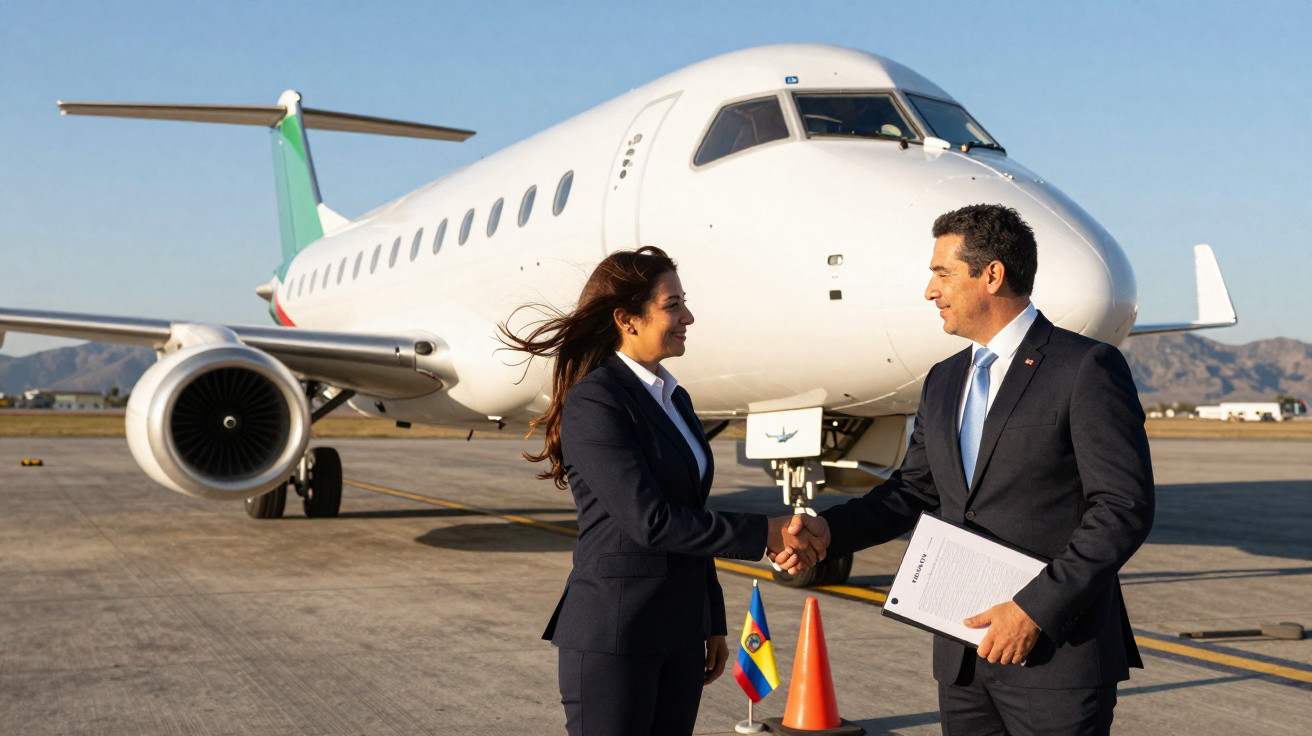 Duas pessoas em trajes formais apertando as mãos ao lado de um jato privado no aeroporto.