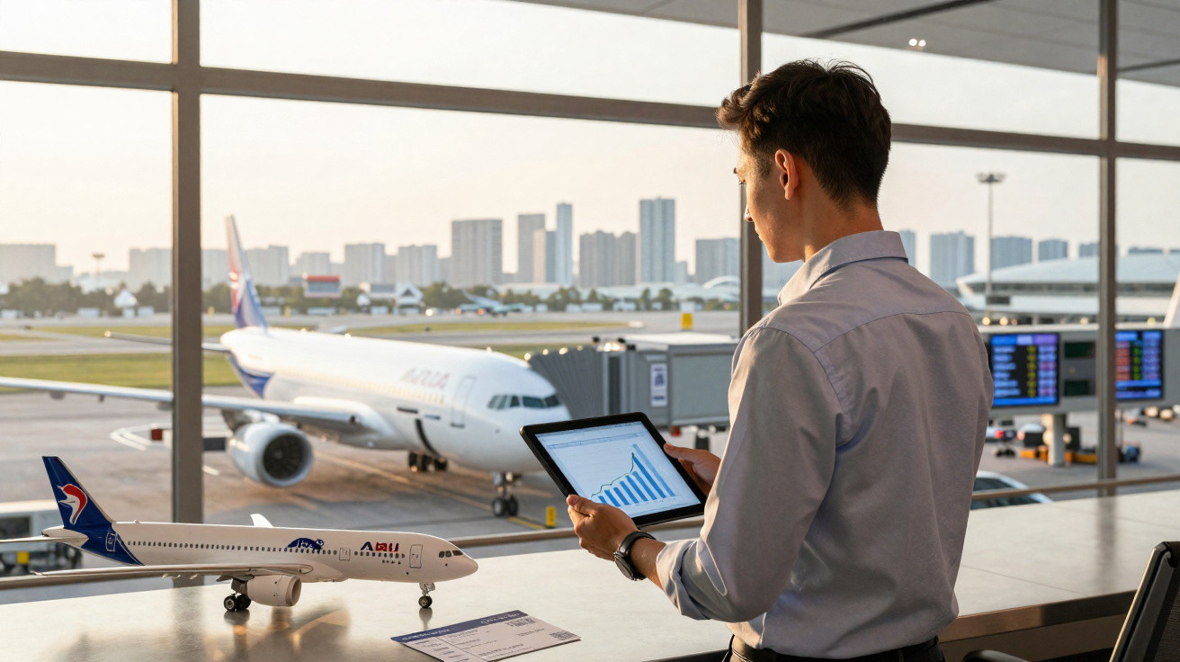 Homem com tablet analisando gráficos em aeroporto com avião e maquete de avião ao fundo.