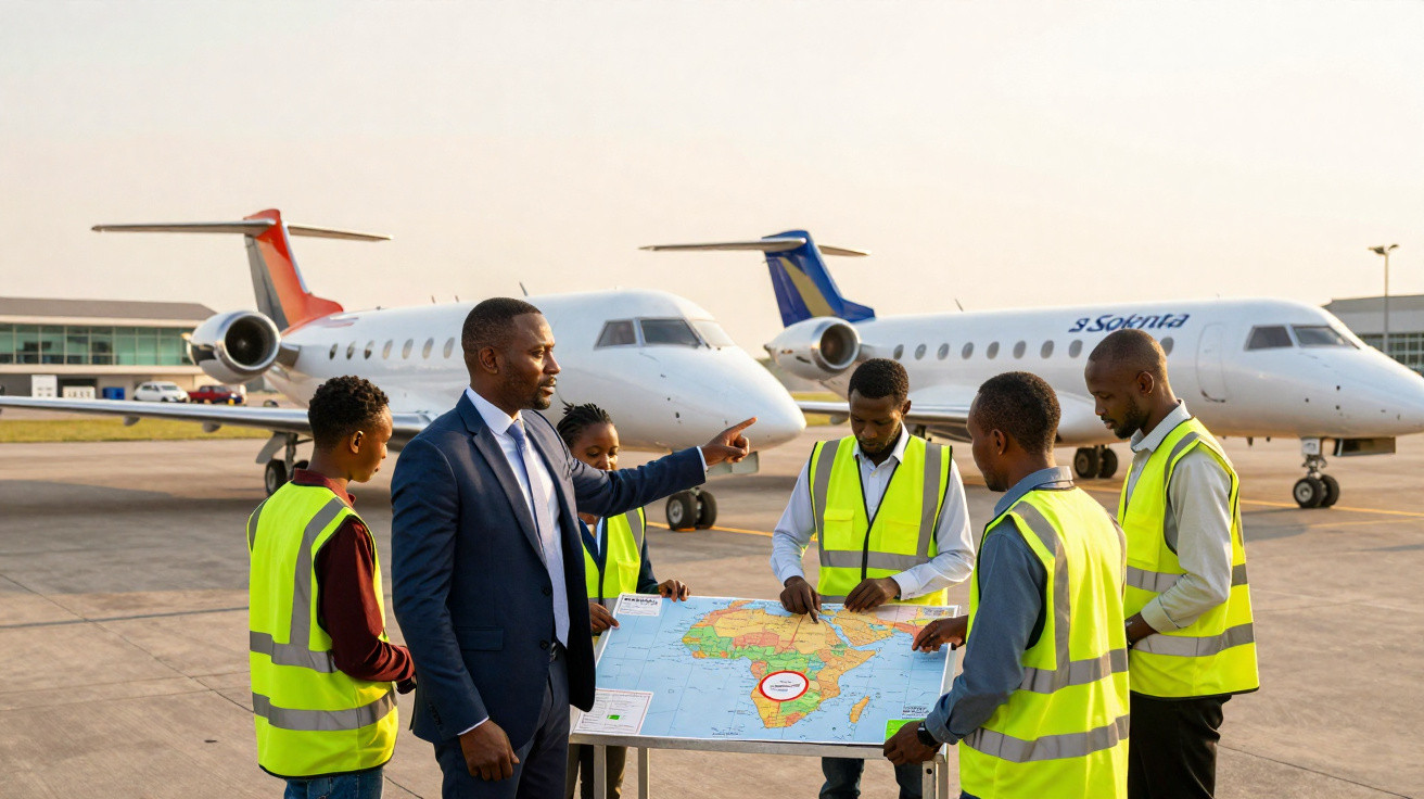 Grupo de homens analisando mapa em aeroporto com dois jatos executivos ao fundo.