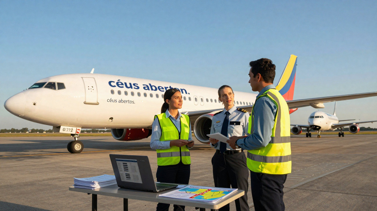 Equipe de aviação discutindo ao lado de avião da companhia céus abertos no aeroporto ao pôr do sol.