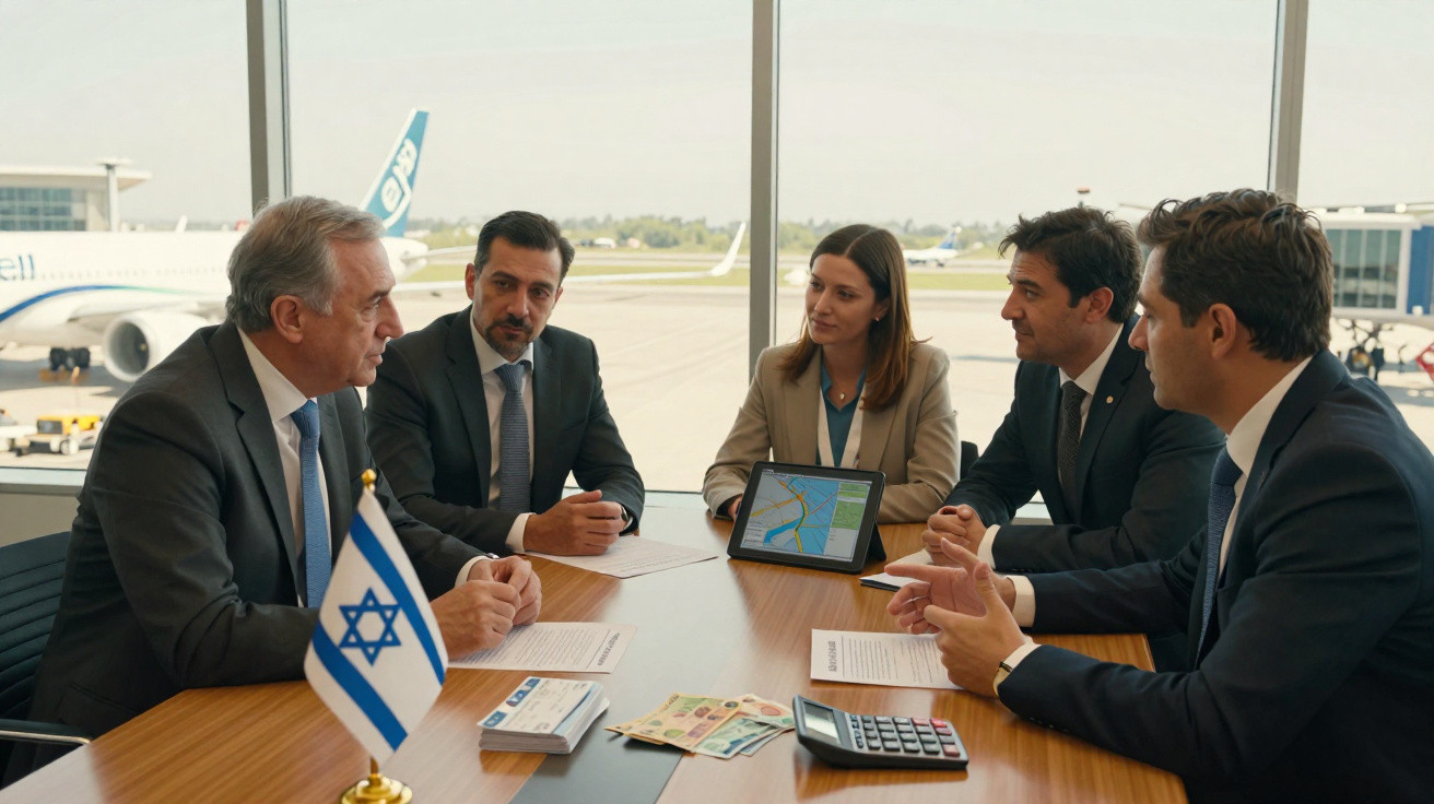 Reunião de negócios com cinco pessoas em volta de mesa, com documentos, dinheiro, calculadora e bandeira de Israel.