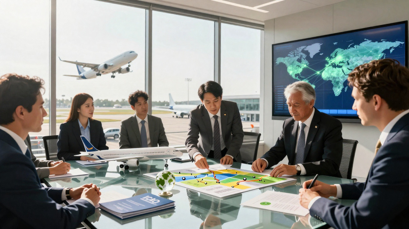Executivos em reunião na sala do aeroporto com mapa e modelo de avião discutindo rotas aéreas.