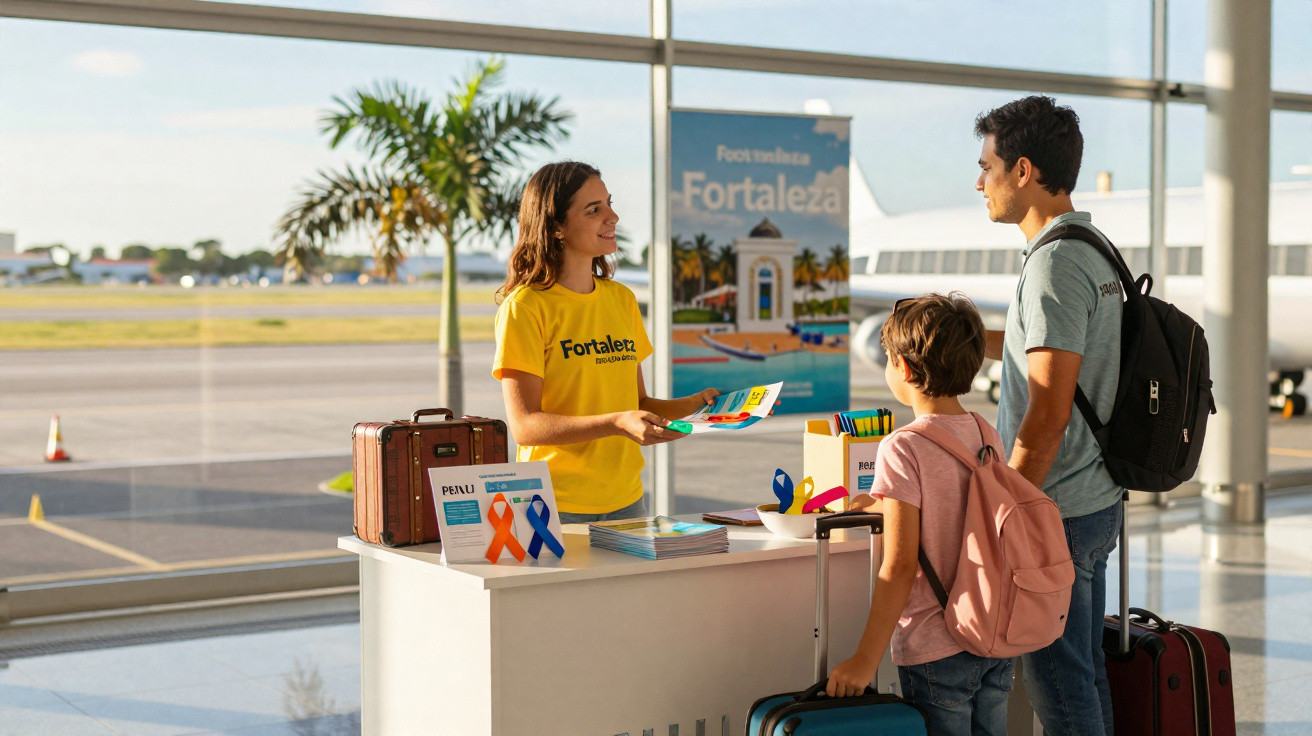 Atendente em estande de turismo entrega folheto para homem e criança com malas em aeroporto de Fortaleza.