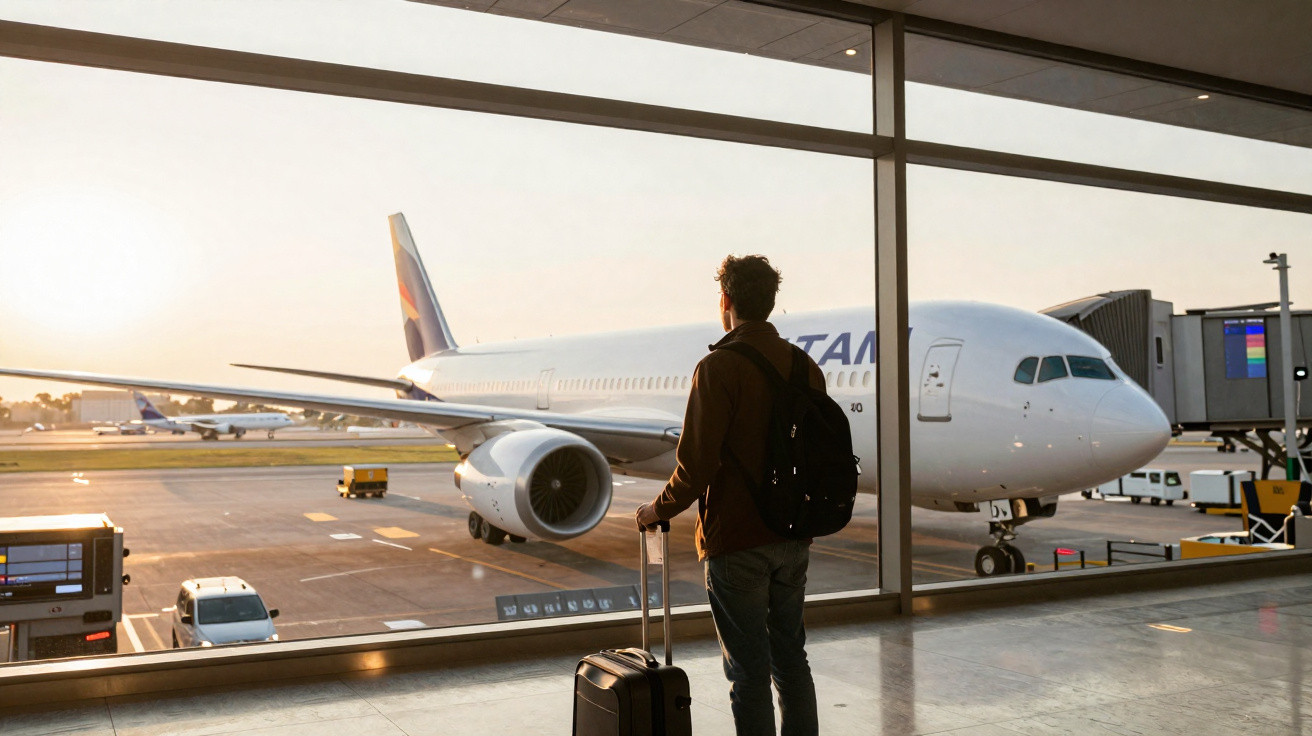 Homem com mochila e mala observa avião estacionado no portão do aeroporto ao nascer do sol.