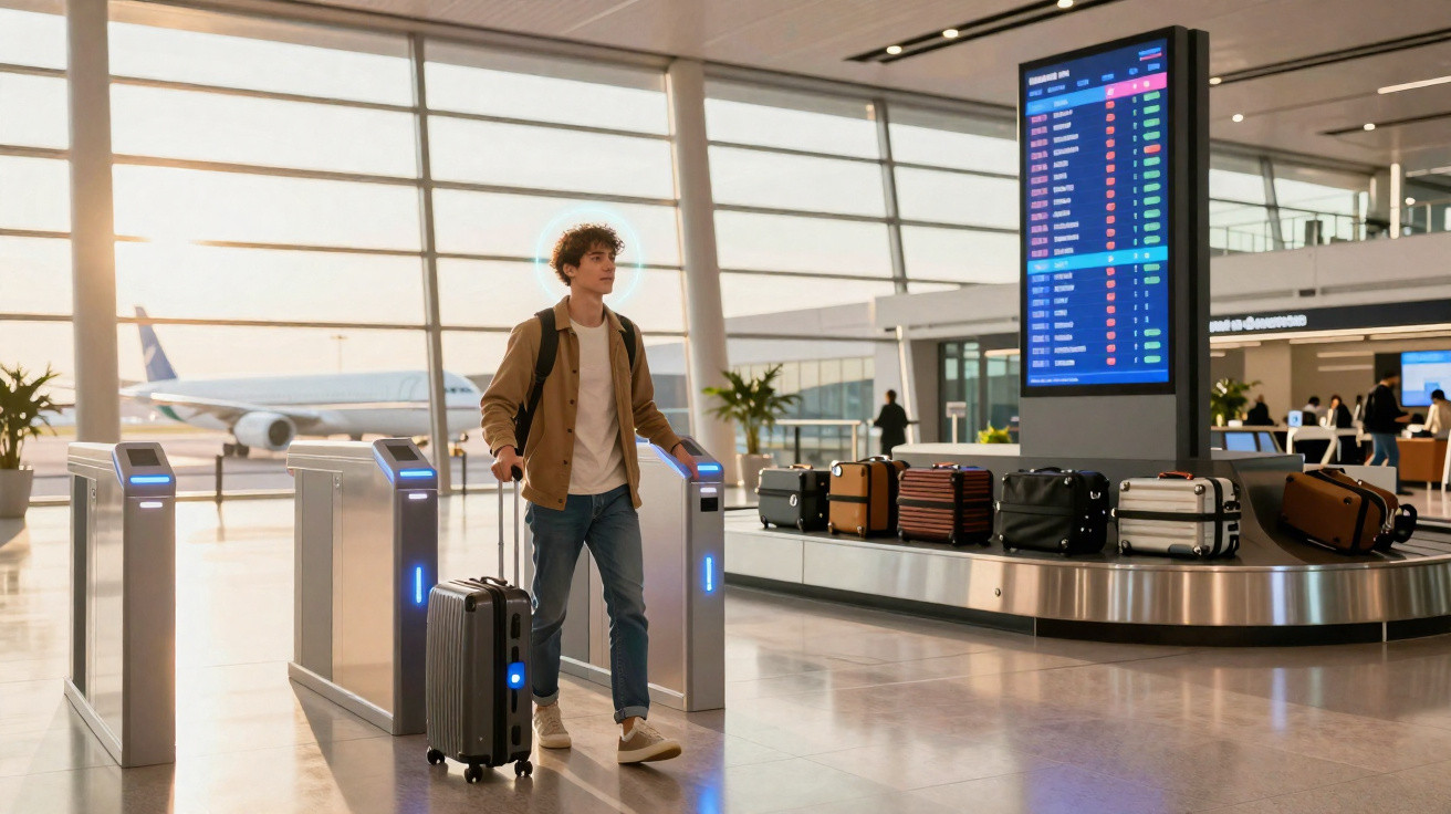 Jovem com mochila e mala na esteira de bagagens de aeroporto moderno com avião ao fundo.