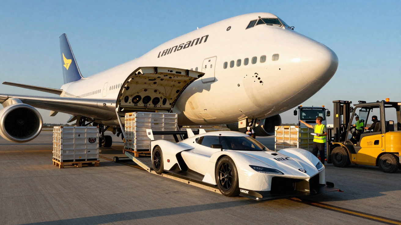 Avião cargueiro sendo carregado com carro esportivo branco e pallets no aeroporto ao entardecer.