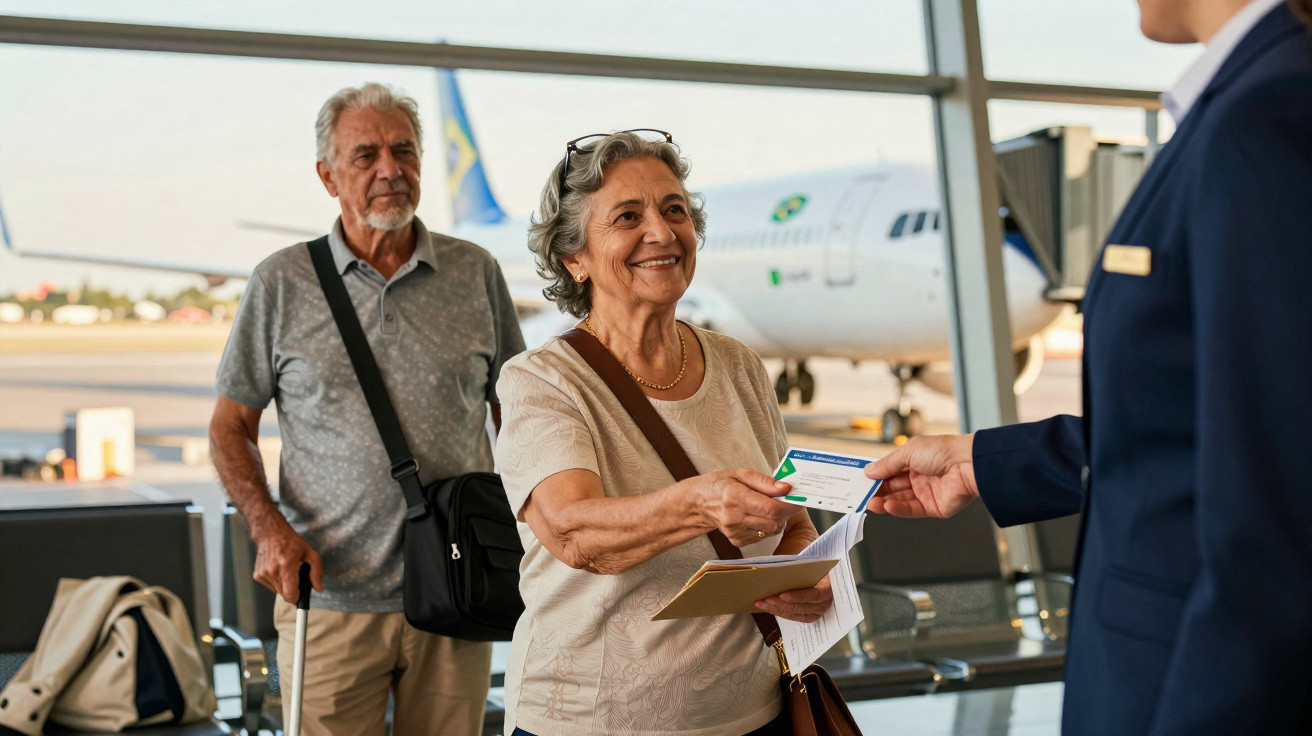 Casal de idosos entregando passagens ao funcionário no aeroporto com avião ao fundo.