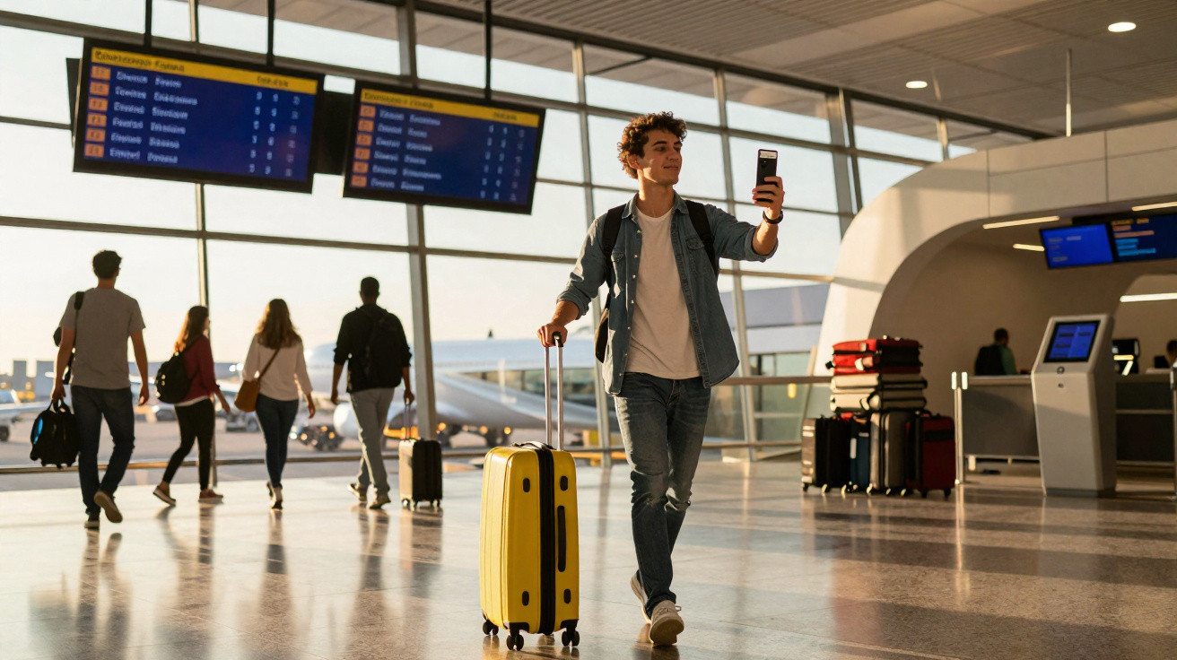 Jovem com mala amarela e mochila faz selfie no saguão de aeroporto com painel de voos ao fundo.