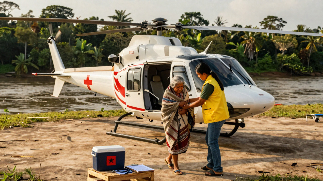 Helicóptero de resgate em área rural com profissional auxiliando idosa enrolada em cobertor.