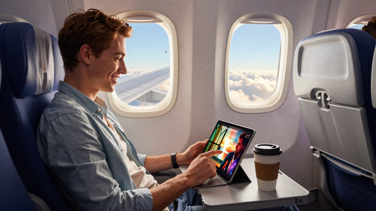 Homem sentado em avião usando tablet com café sobre a mesa e céu com nuvens na janela.