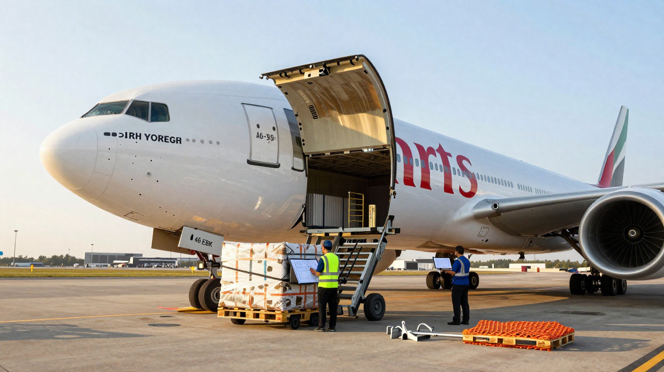 Funcionários carregando cargas em um avião cargueiro no aeroporto durante o dia.