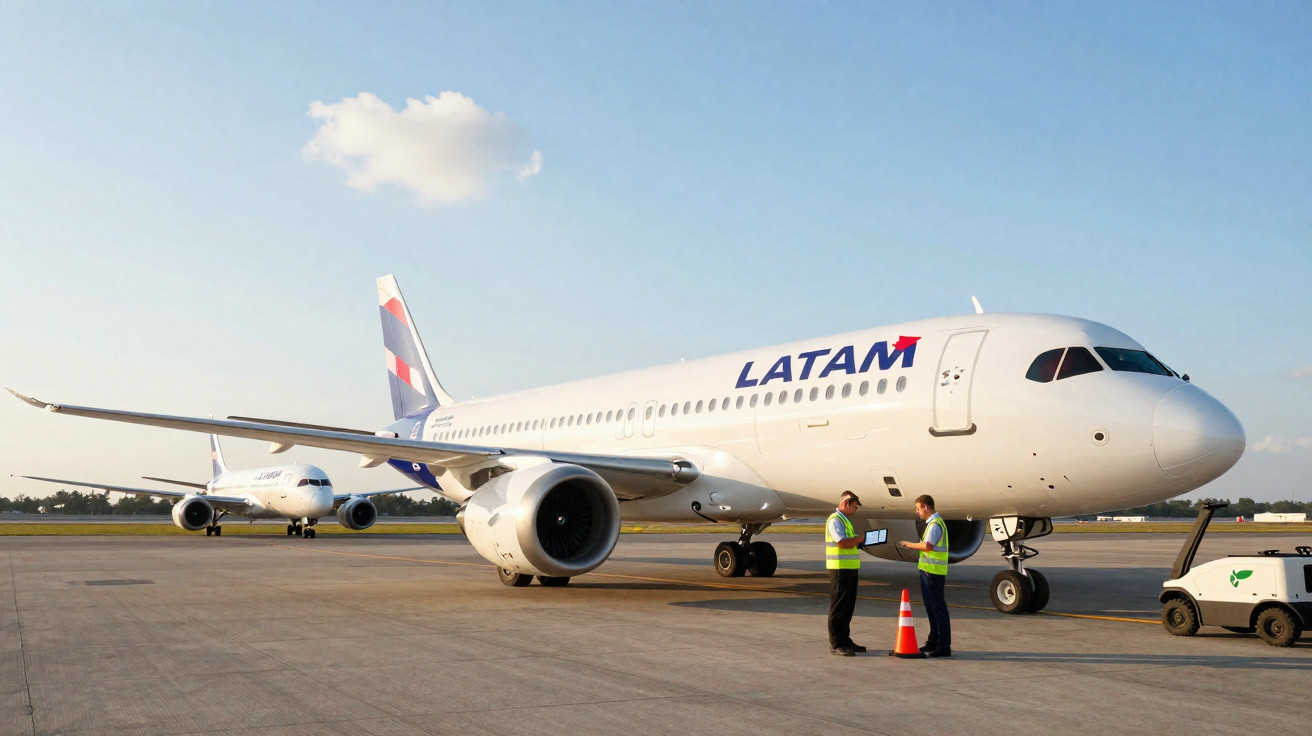 Avião da LATAM parado no pátio do aeroporto com dois funcionários conversando e equipamento ao lado.