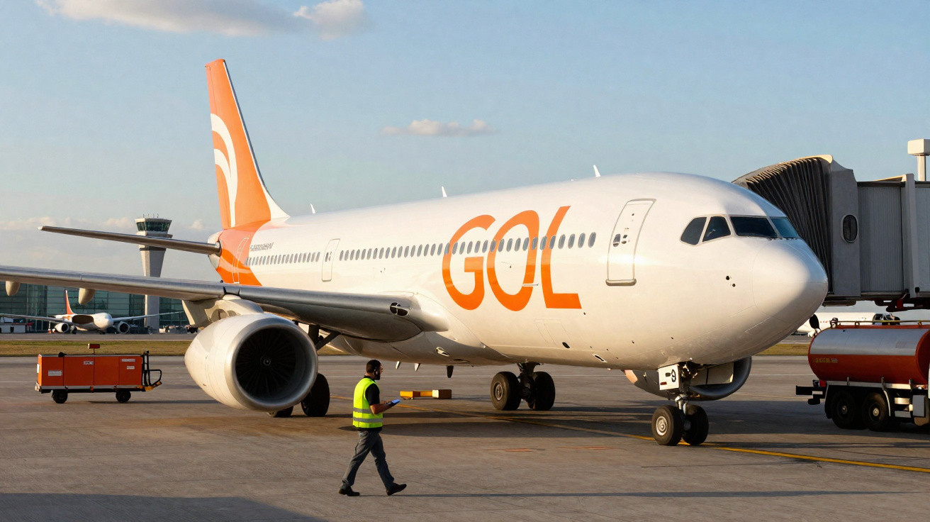 Avião da companhia aérea Gol estacionado no aeroporto com funcionário caminhando na pista.