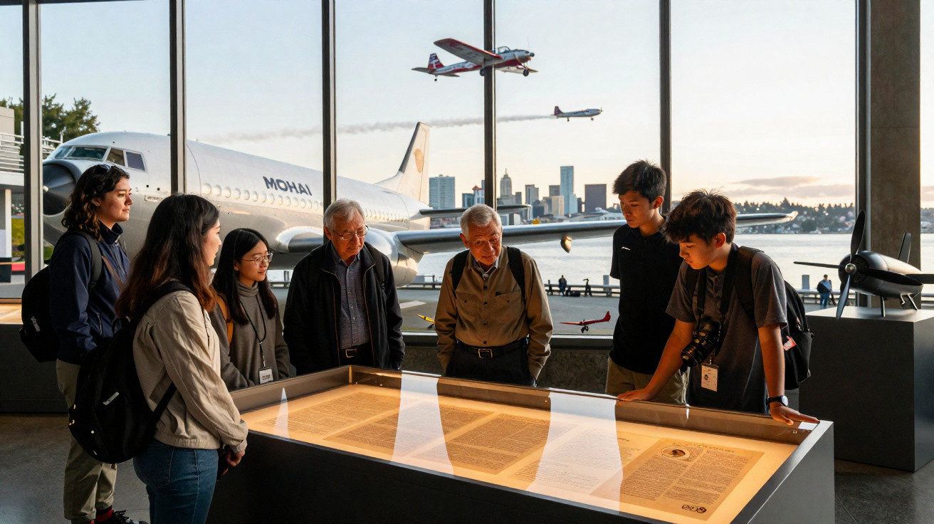 Grupo diverso observa exposição em museu de aviação com janelas grandes e aviões ao fundo ao pôr do sol.