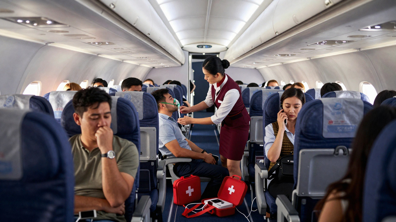 Comissária de bordo ajuda passageiro com oxigênio enquanto outros parecem preocupados dentro do avião.