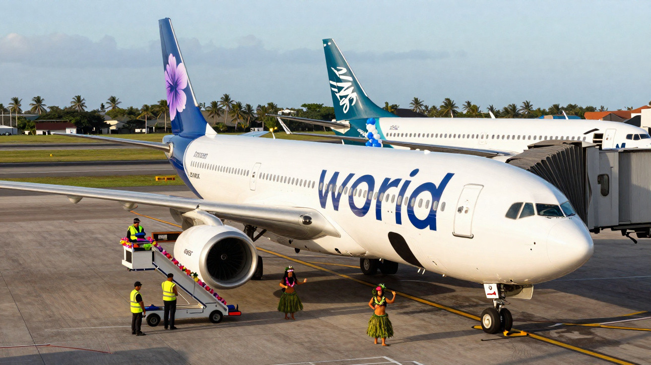 Avião da companhia World no portão de embarque com dois dançarinos trajando saia havaiana ao lado.