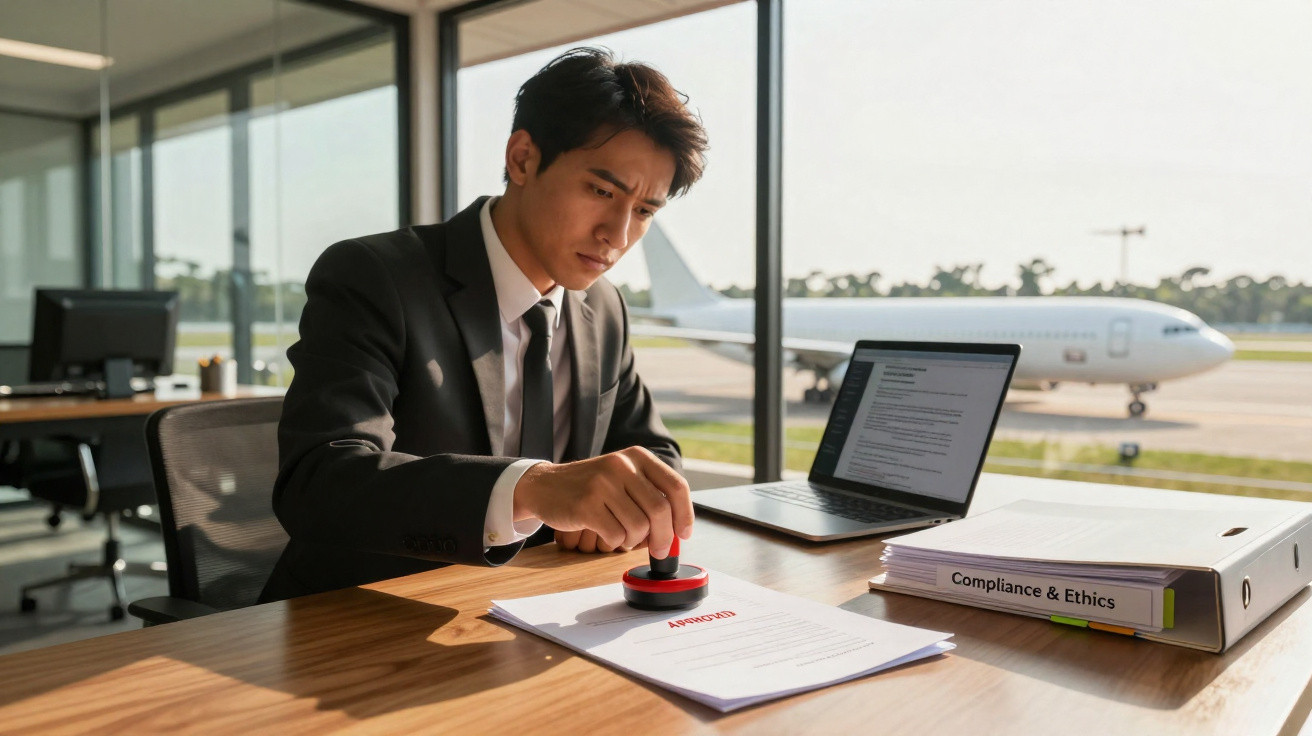Homem de terno carimbando documento com “APROVADO” em escritório com vista para avião no aeroporto.