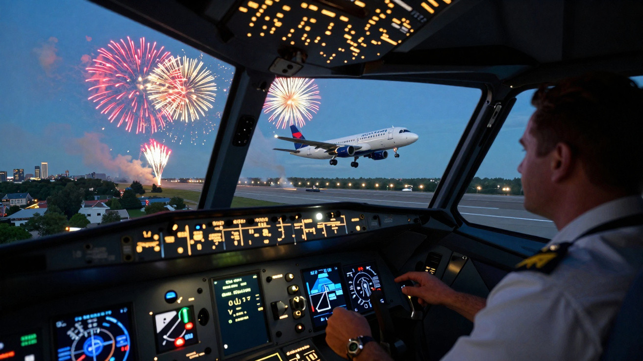 Piloto na cabine observa avião pousando com queima de fogos ao fundo ao anoitecer.