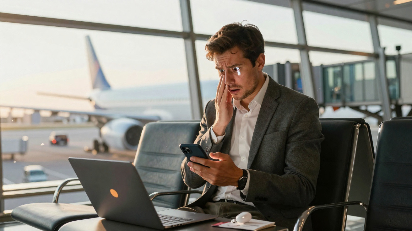 Homem de terno sentado em aeroporto olhando preocupado para celular, com laptop aberto à frente e avião ao fundo.