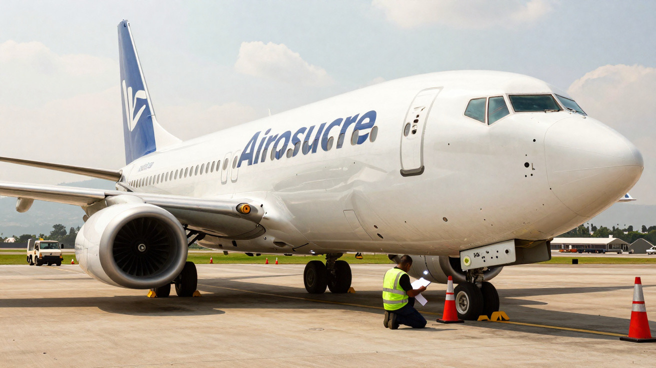 Avião da companhia Aerosucre estacionado no pátio do aeroporto com funcionário de colete refletivo próximo.