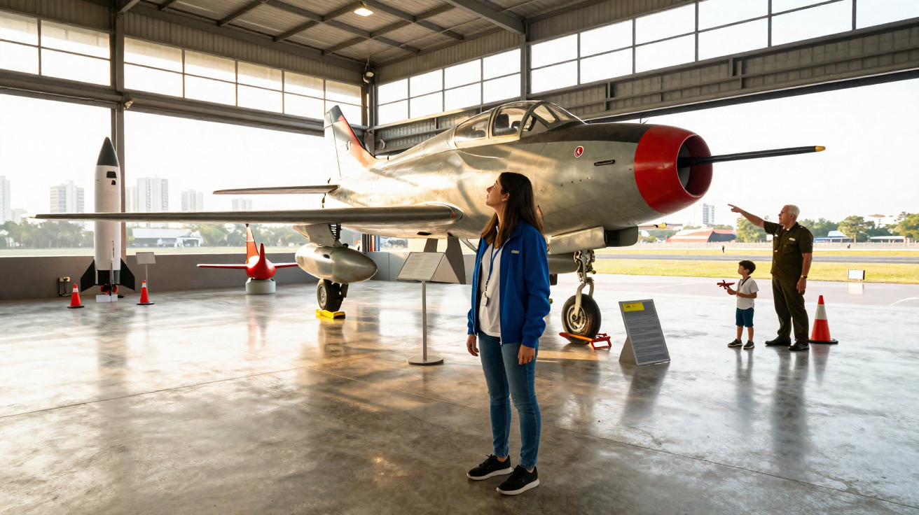 Mulher, criança e militar observam avião antigo exposto em hangar de museu de aviação.
