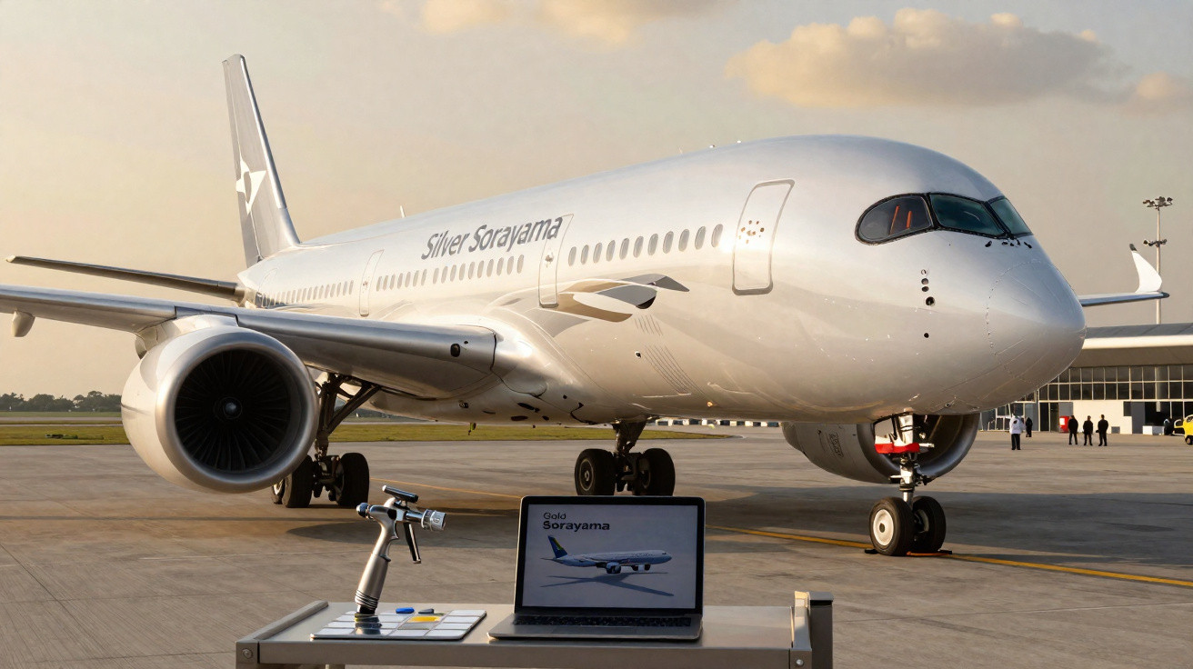 Avião comercial prateado Silver Sorayama estacionado em pista, com mesa, laptop e joystick em primeiro plano.