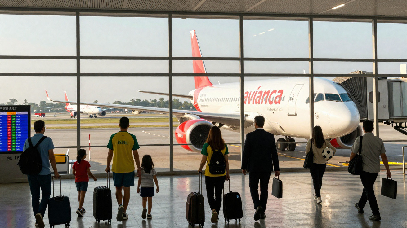 Pessoas caminhando no aeroporto em direção a um avião da Avianca estacionado no portão.