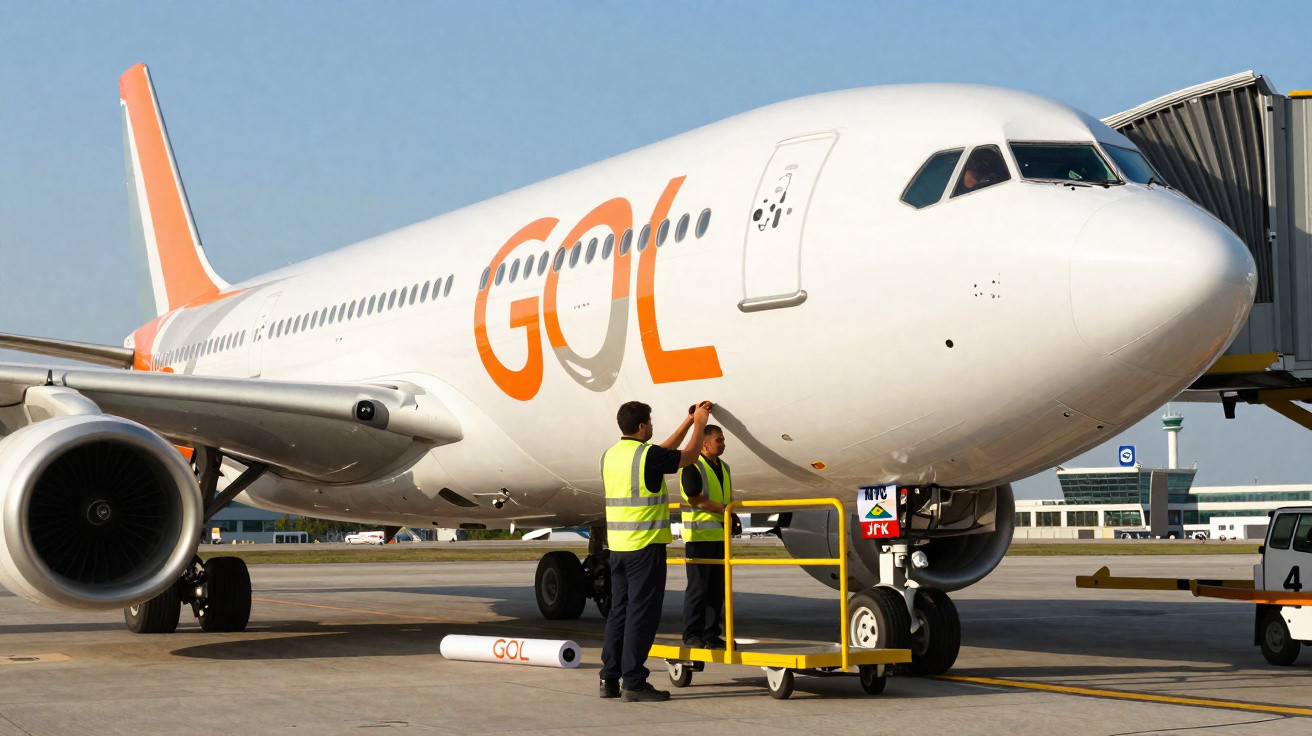 Avião da companhia aérea Gol com equipe de manutenção verificando a parte frontal na pista do aeroporto.