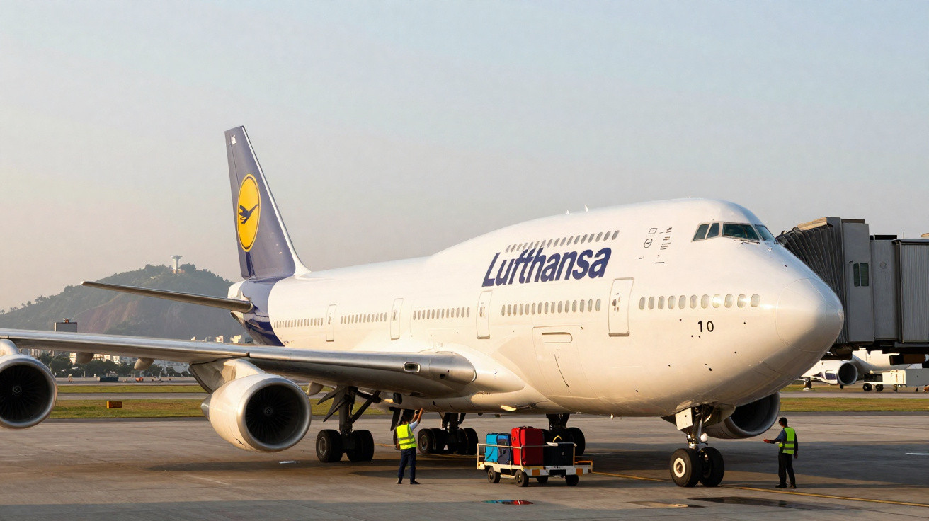 Avião da Lufthansa branco estacionado no aeroporto, com carga sendo manuseada por três trabalhadores.