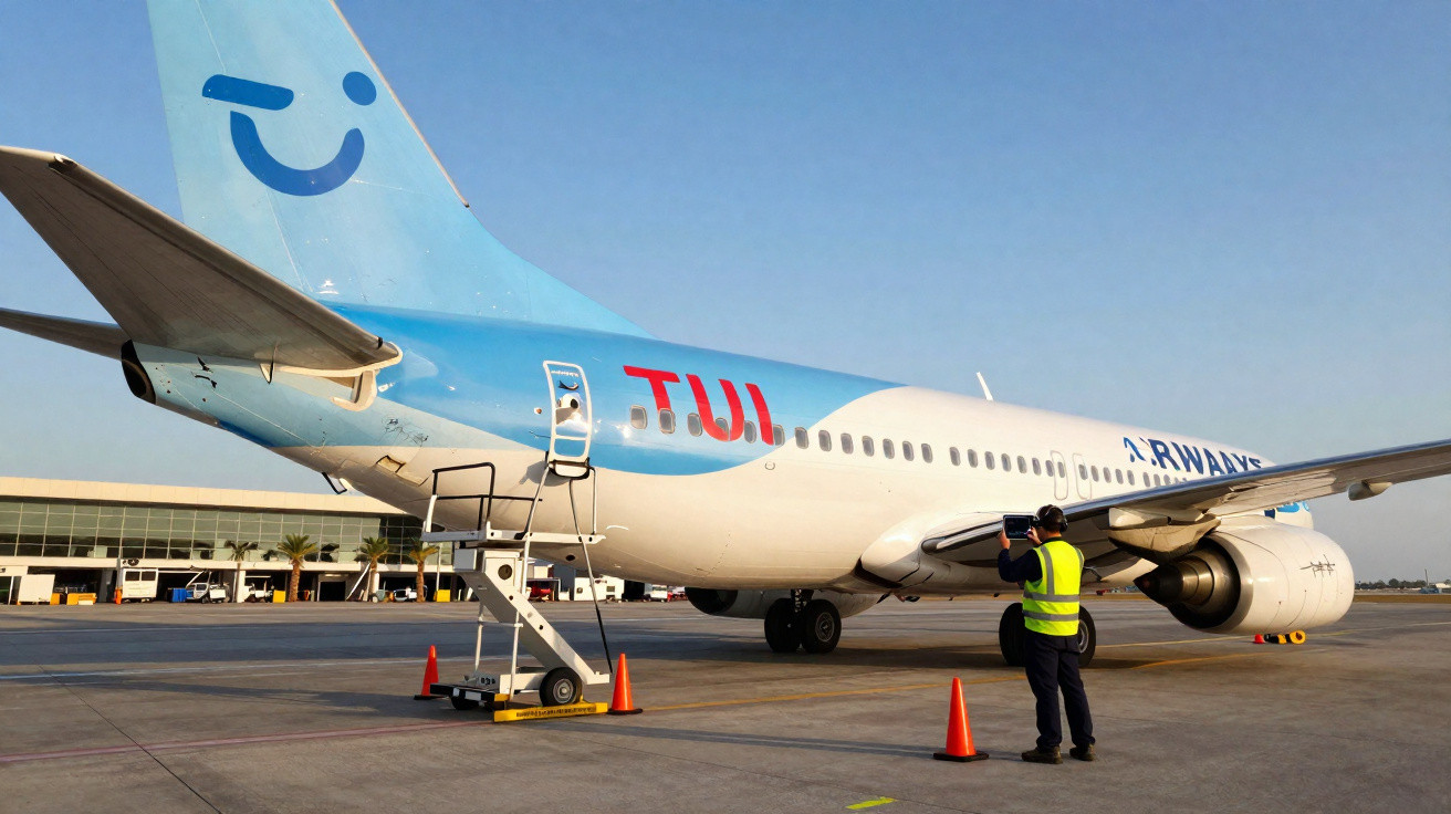 Avião da TUI Airways no pátio do aeroporto com funcionário usando colete refletivo ao lado.