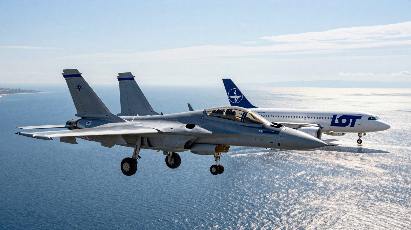 Caça militar em voo próximo a avião comercial LOT sobre o oceano em dia claro e ensolarado.