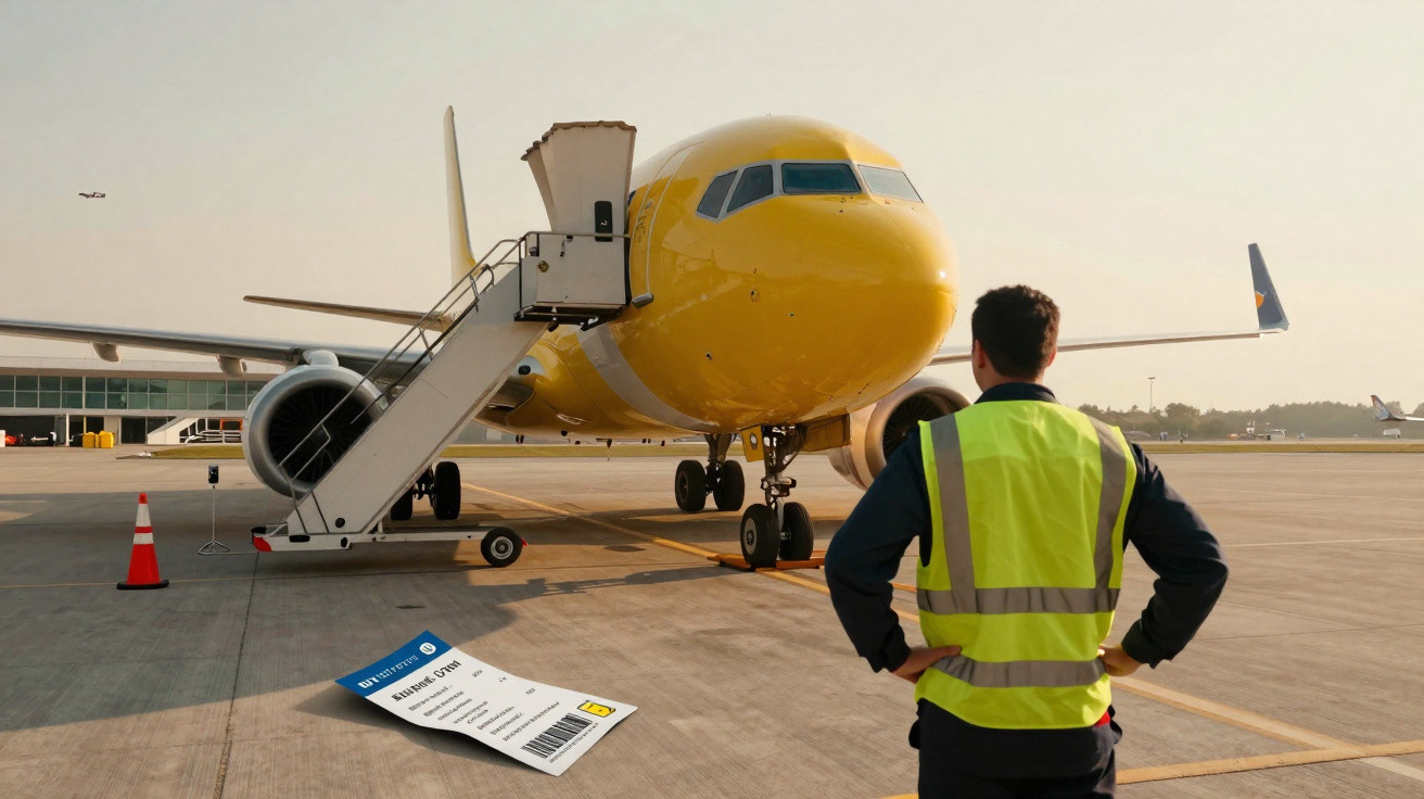 Avião amarelo parado na pista com escada móvel e funcionário de colete refletivo observando.