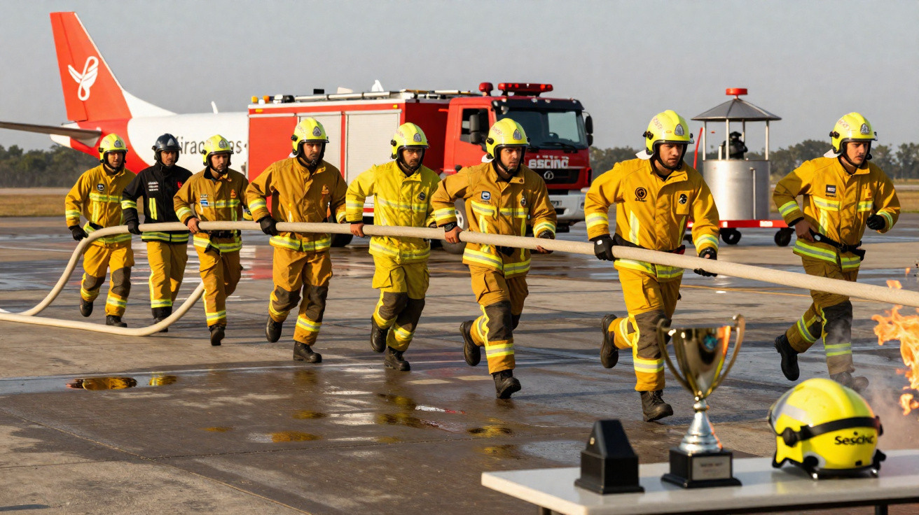 Equipe de bombeiros em treinamento com mangueira contra incêndio em área externa, caminhão de resgate ao fundo.