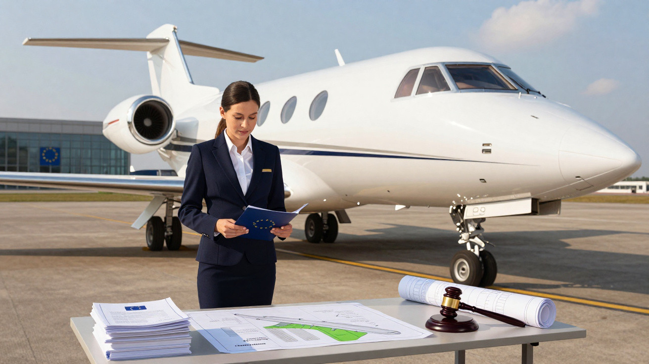 Mulher em terno azul revisa documentos em mesa com maquete, à frente de jato executivo branco no aeroporto.