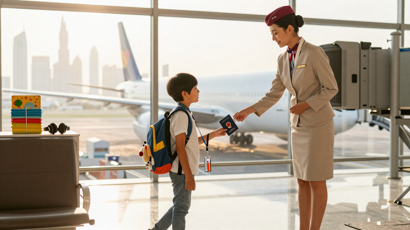 Criança com mochila entrega passaporte para comissária de bordo em aeroporto com avião ao fundo.