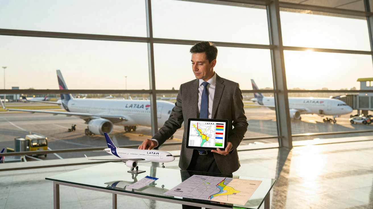 Homem em terno apresenta mapa e modelo de avião LATAM em aeroporto com aviões no fundo.
